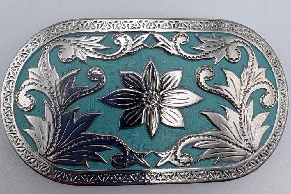 Western Style Oval Belt Buckle: silver-tone floral design on turquoise